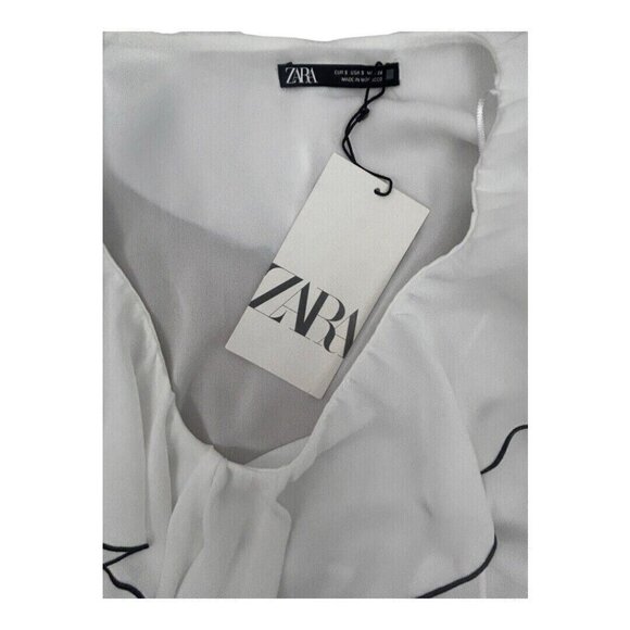 Zara Women's White Black Trim Blouse Peasant Ruffle Frill Boho - Small - Picture 8 of 11